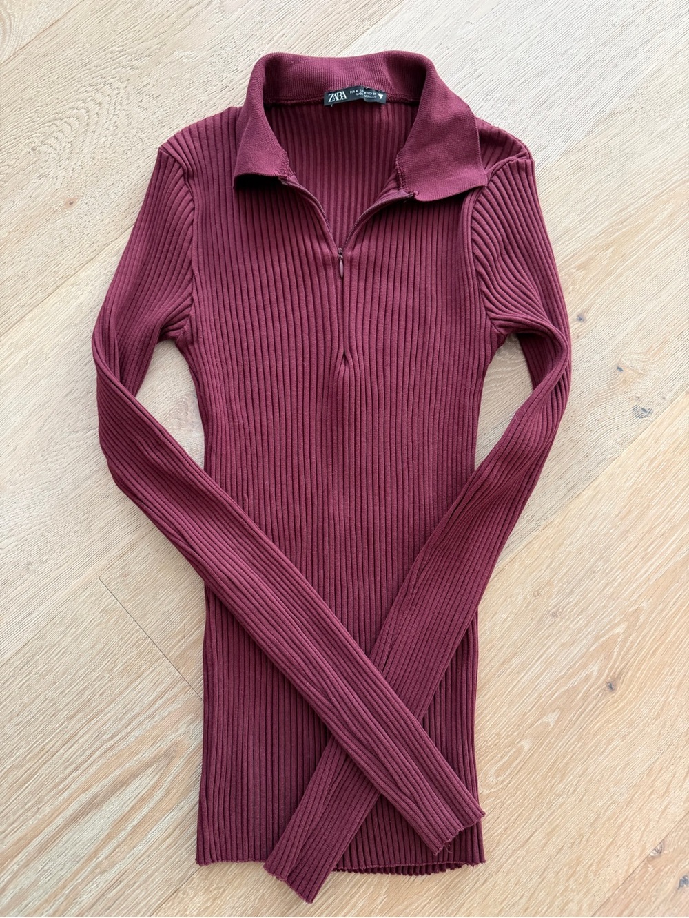 Zara Ribbed Half-Zip Long Sleeve Top - Burgundy/Maroon (Medium)
